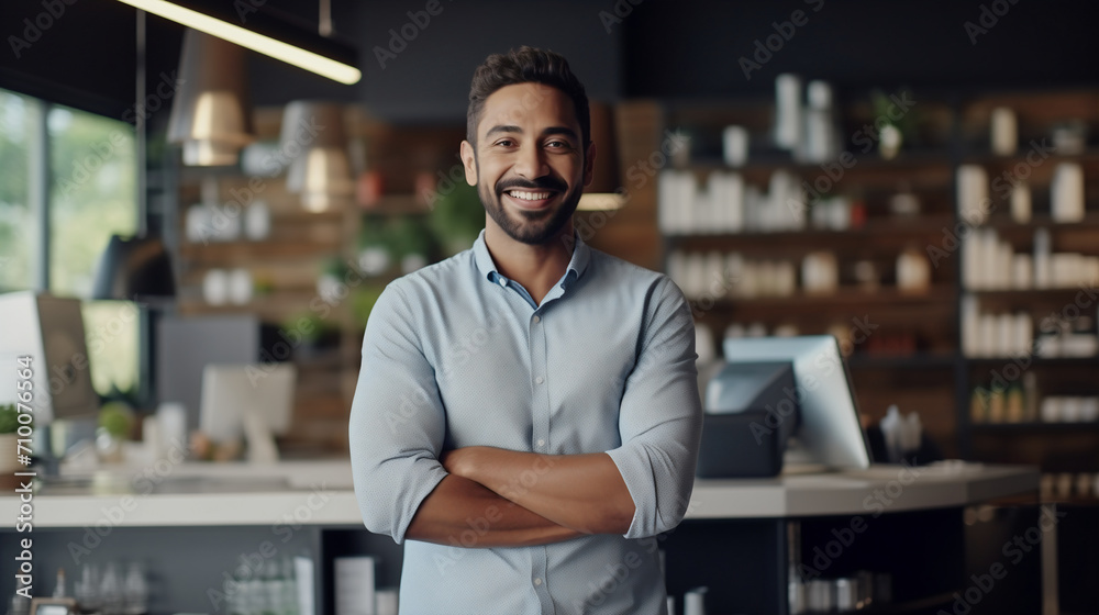A bearded man in a dotted blue shirt exudes warmth and professionalism, arms crossed in a modern kitchen-like office space that blends homeliness with a corporate atmosphere. A bearded man in a dotted blue shirt exudes warmth and professionalism, arms crossed in a modern kitchen-like office space that blends homeliness with a corporate atmosphere.