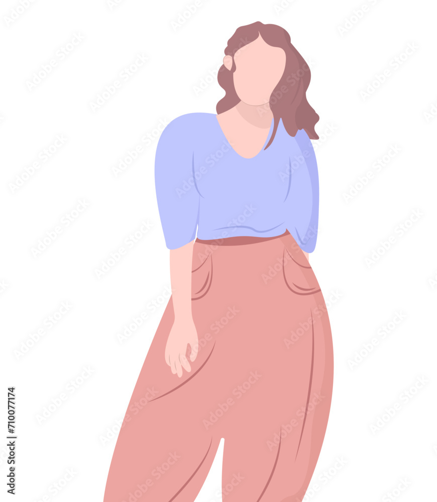 A girl in a flat style stands on a white background. A girl without a face in full growth. Complete figure. Casual clothes. A girl in a flat style stands on a white background. A girl without a face in full growth. Complete figure. Casual clothes.