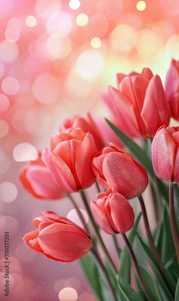 Pink tulips on a pink background with bokeh lights with copy space. Spring banner, template, background with space for your text.