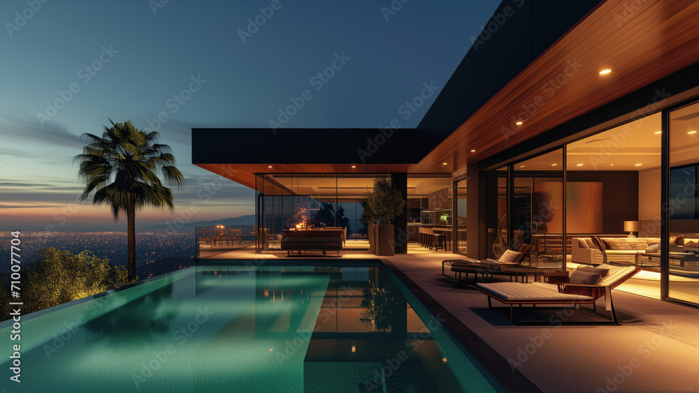 Fototapeta premium Luxury magnificent villa with a pool overlooking Los Angeles.