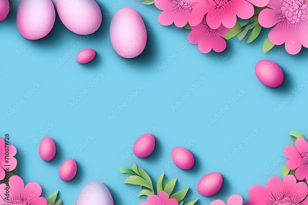 Blaues Banner mit rosafarbenen Ostereiern und pinken Blumen, copy space Blaues Banner mit rosafarbenen Ostereiern und pinken Blumen, copy space