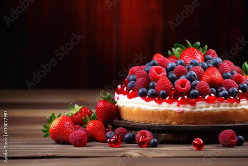 Fruitfilled raspberry cake on wooden background. photo