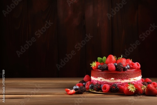 Fruitfilled raspberry cake on wooden background. photo