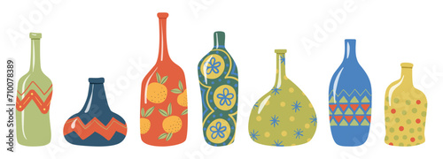 Abstract ornamental bottles and vases vector set. Collection of modern curved colorful bottles, decorated vases, and pitchers. Vector icons illustration isolated on a white background.