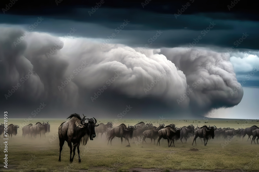Obraz premium Stunning image of a Herd of wildebeest in a green field as a big storm approaches. Amazing African wildlife.