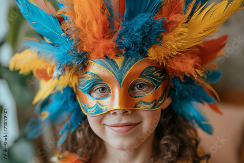 A girl with a mask and peach and blue -colored feathers surrounding her head, welcoming the indoor carnival festivities.