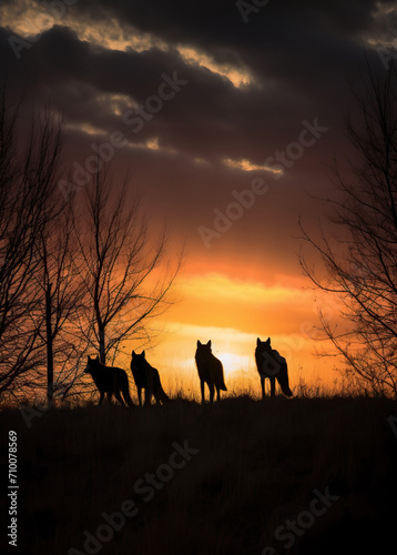 silhouettes of a pack of wolves standing on a hill with a beautiful sunset in the background. © Shootdiem