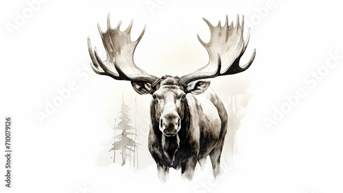 pen and ink sketch, moose head with antlers, white background photo