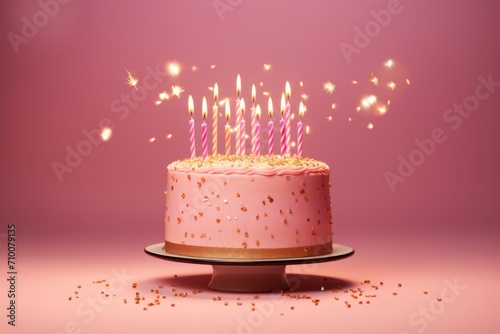 Pink birthday cake with gold candles and sparklers.