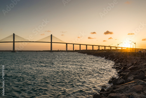 Rocks of the Pier and Newton Navarro Bridge in Natal City on Sunset