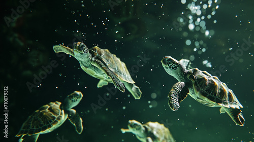 Large sea turtles swim among the coral reefs. Tropical paradise. Realism. Illustration. Endangered animals. © LUKIN IGOR 