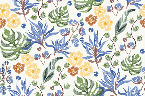 Blue Floral pattern seamless paisley embroidery flower motifs background border frame. Ethnic pattern oriental traditional African style. Ikat pattern seamless vector illustration design.