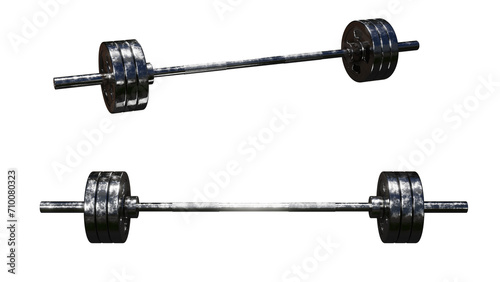 Metal chrome steel bar with weights. On isolated background