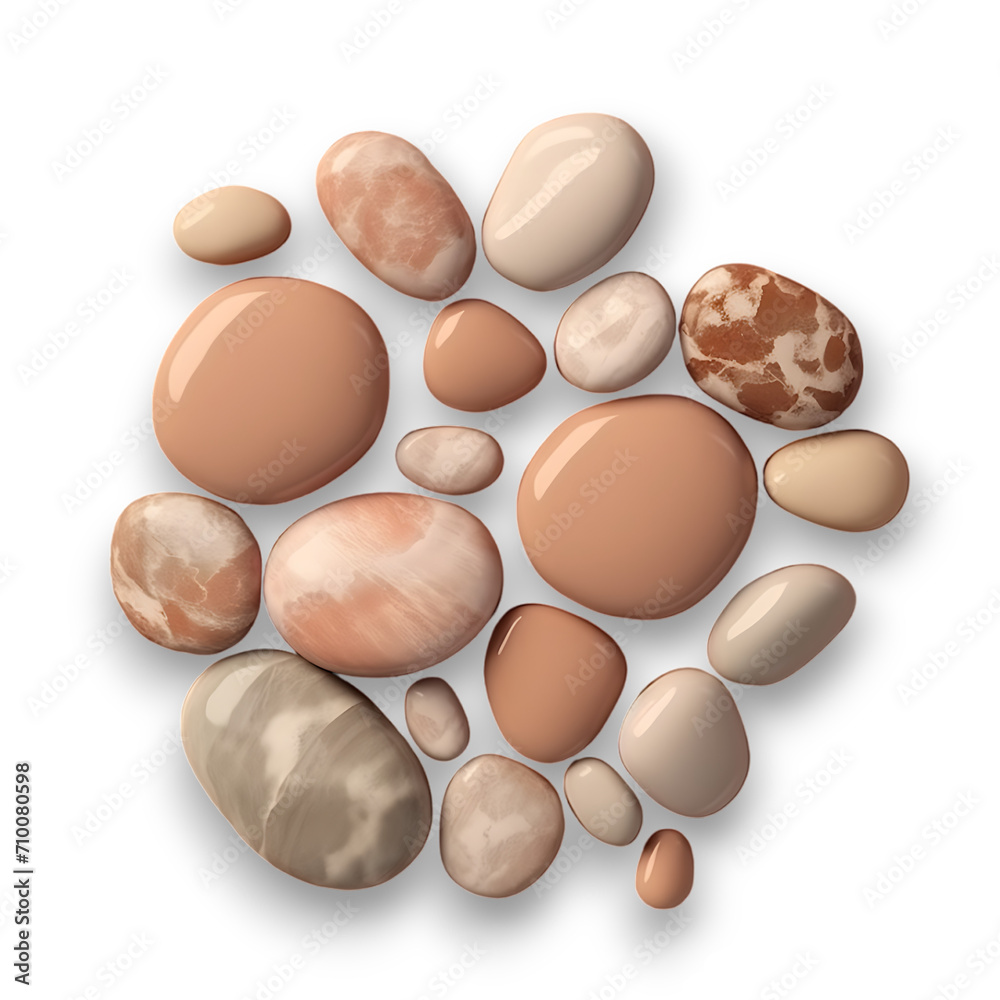 flat-lay view. Translucent and round pebbles in a brown and beige hue with beautiful patterns isoalted on transparent background. 