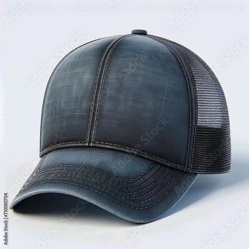 Trucker cap, snapback hat, navy blue color. Isolated on white background. Mock-up for branding