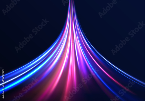 Abstract neon light rays background. A colorful motion background of city light trails. Vector speed of light in space on dark background.	