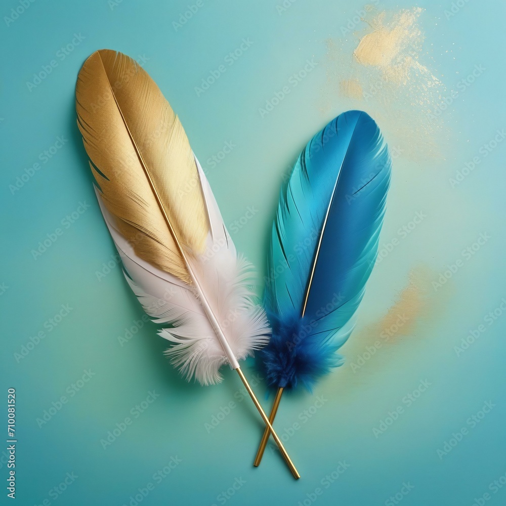 Pastel Blue and Gold Background Crossed Feathers Stock Illustration