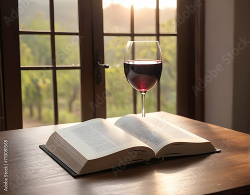 book and glass of wine