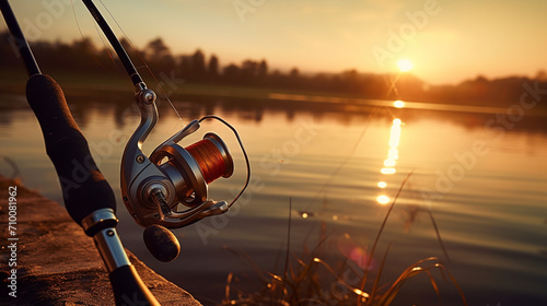 fishing rod on the background of the lake, fishing tackle. Generative AI photo