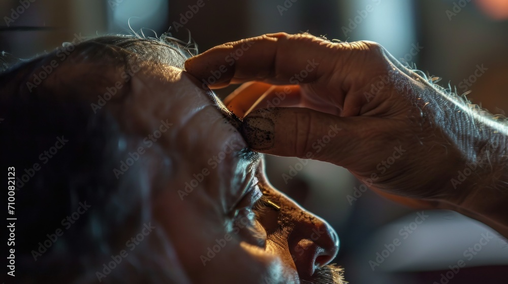 Ash is applied in the shape of a cross on the forehead of each worshipper. Ash Wednesday, in Western Christianity, the first day of Lent - obrazy, fototapety, plakaty 