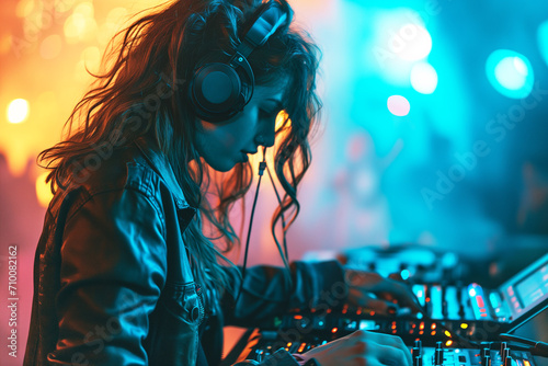 Young female DJ working and mixing dance music at turntables in a nightclub. Woman portrait in headphones in neon lighting photo