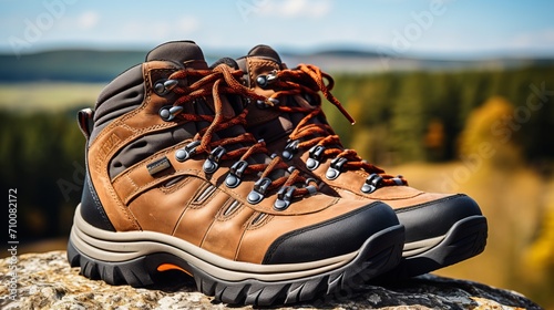Hikers enthralled by the majestic mountain vistas with prominent trekking shoes in the foreground
