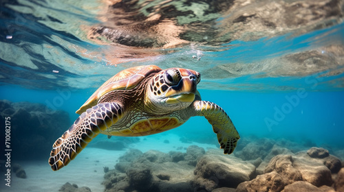 sea turtle in the water. clear water.Generative AI © Артур Комис
