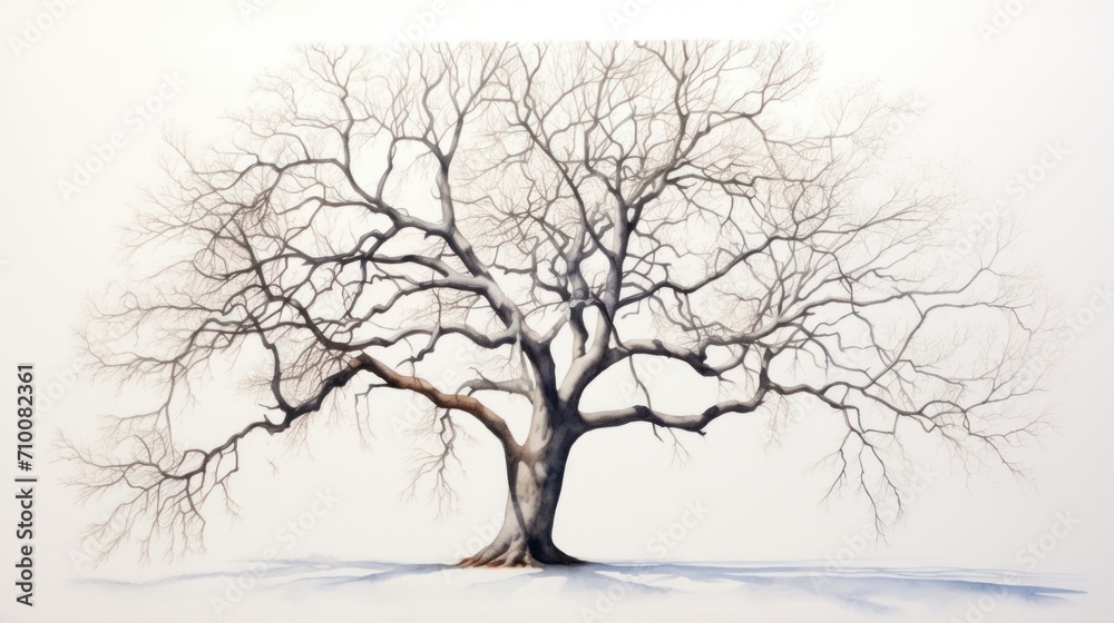 Lonely tree in a watercolor drawing on a white background - an organic symbol of nature's beauty.