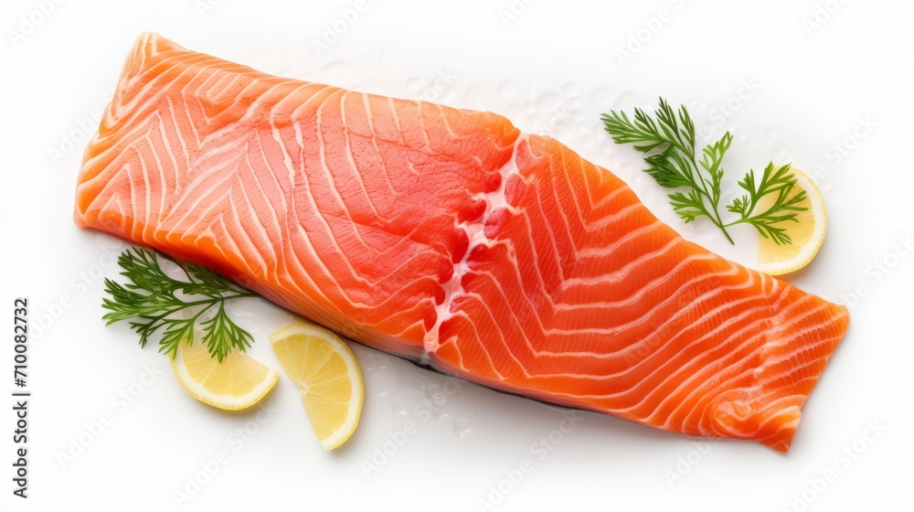 Fillet of salmon fish on white background food photography. Salmon fish fillet. Horizontal format for advertising, banner, poster, site, menu, bar, restaurant. Fillet of salmon fish on white background food photography. Salmon fish fillet. Horizontal format for advertising, banner, poster, site, menu, bar, restaurant.
