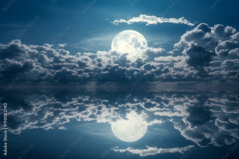 Reflection of full moon above clouds on water surface. Generative AI
