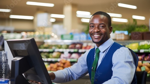 Content businessman, cash register manager, serving the needs of customers in a grocery store.