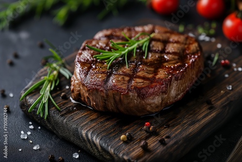 Juicy grilled beef steak with spices and rosemary on wooden board on the black table