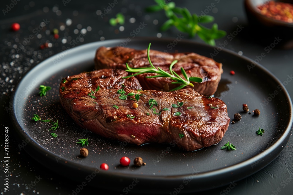 Juicy grilled beef steak with spices and rosemary on a ceramic plate on the black table Juicy grilled beef steak with spices and rosemary on a ceramic plate on the black table