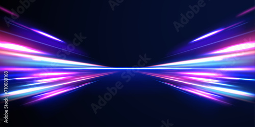Panoramic high speed technology concept, light abstract background. Abstract neon background with shining wires.	 photo