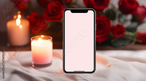smartphone in which a white screen mockup banner with a romantic background.Generative AI