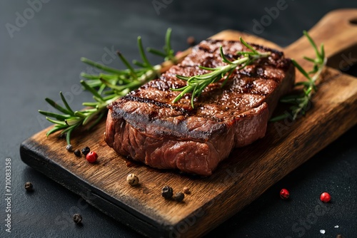 Juicy grilled beef steak with spices and rosemary on wooden board on the black table