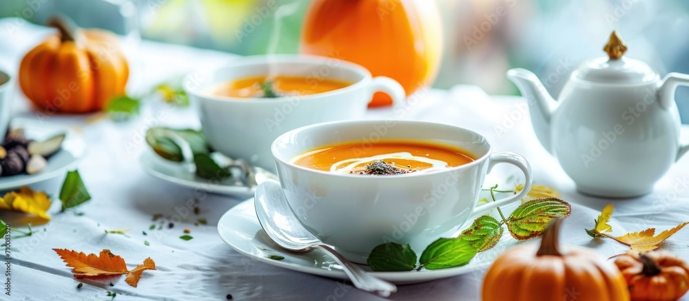 Artistic presentation of food, including cream soup, tea, pumpkins, and green leaves, served on a white tablecloth in an oriental restaurant.