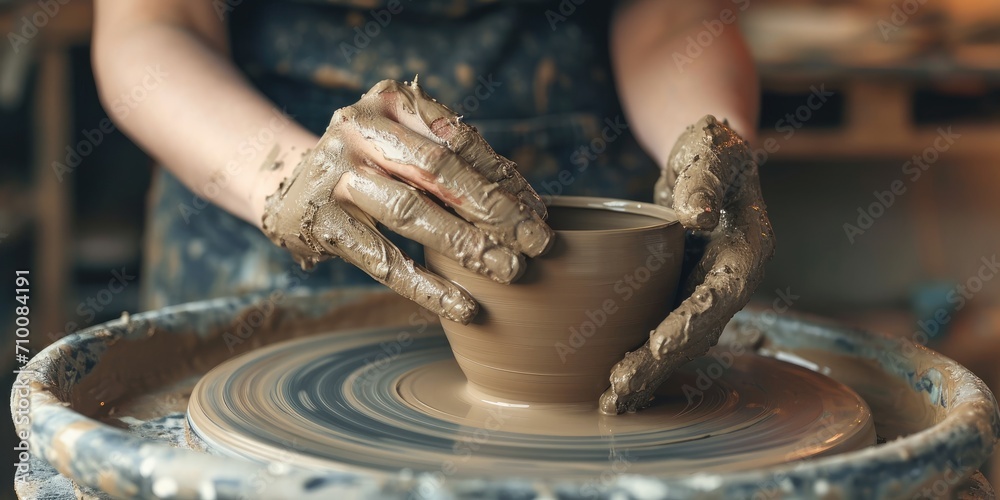 Dirty hands of young woman working on a pottery wheel sculpting mug with ceramic clay - obrazy, fototapety, plakaty 