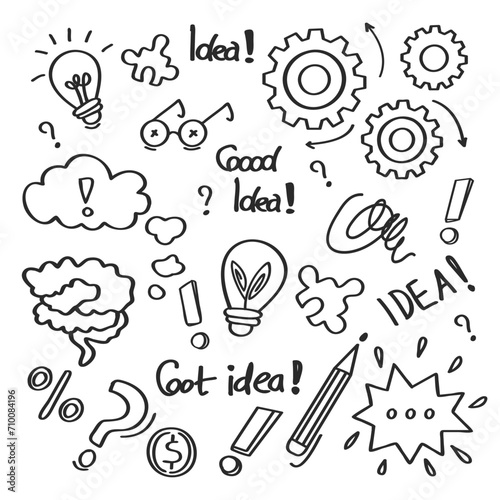 Hand drawn doodles about ideas thinking and knowledge.