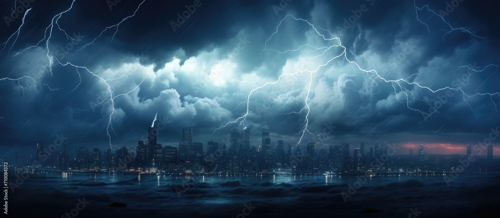 City illuminated by lightning, stormy clouds overhead.
