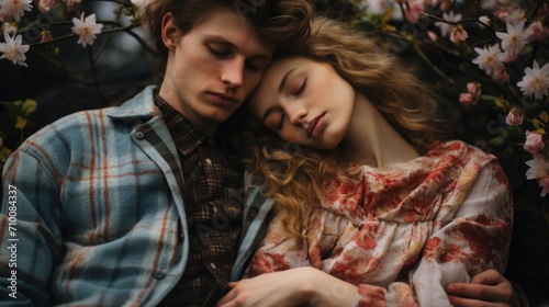 A man and a woman laying on a bed of flowers