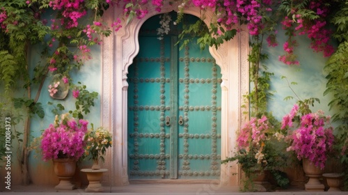 A blue door surrounded by pink flowers and potted plants
