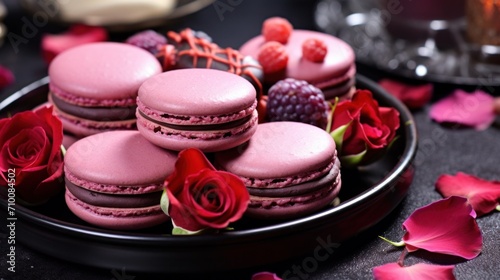 A plate of macarons and roses on a table