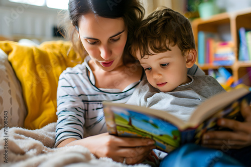 Preschool age boy sitting with his mother reading a story book
