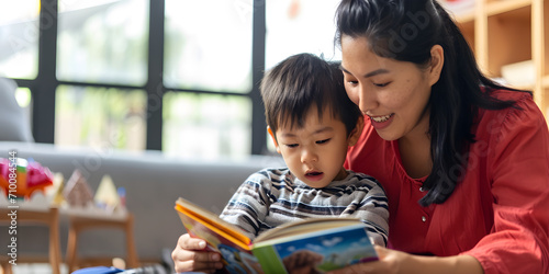 Preschool age Asian boy sitting with his mother reading a story book photo