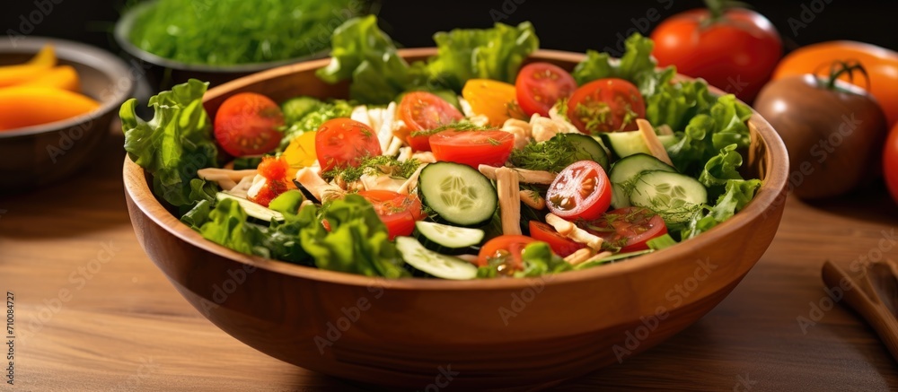 Combine fresh baby cos salad, millet, and crab stick with salad dressing in a wooden bowl. Mix organic vegetables for lunch with a green salad. Prepare a fresh salad for breakfast and wash the