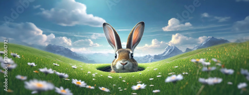 Curious Rabbit Peeking Out from a Burrow in a Lush Meadow with Mountains. A delightful Easter Bunny emerges from its burrow to survey the expansive meadow. Panorama with copy space.