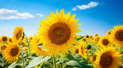A beautiful field of blooming sunflowers against the background of sunny weather.Generative AI