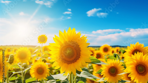A beautiful field of blooming sunflowers against the background of sunny weather.Generative AI © Артур Комис