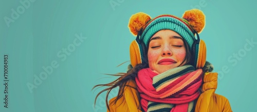 Winter outfit on turquoise  cheerful girl in cozy layers with ear muffs and striped scarf stands.